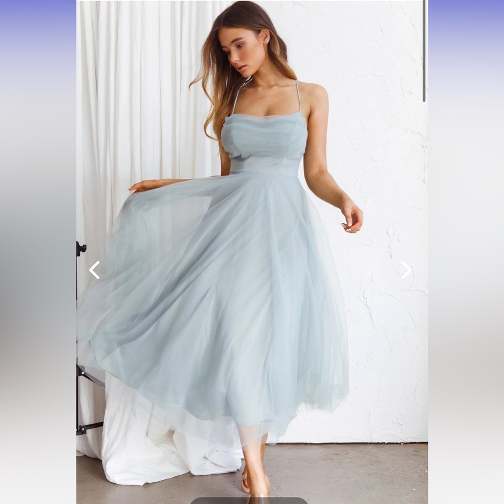 Selfie Leslie Floating by Pleated Neckline Midi Dress Dusty Blue/ Sage